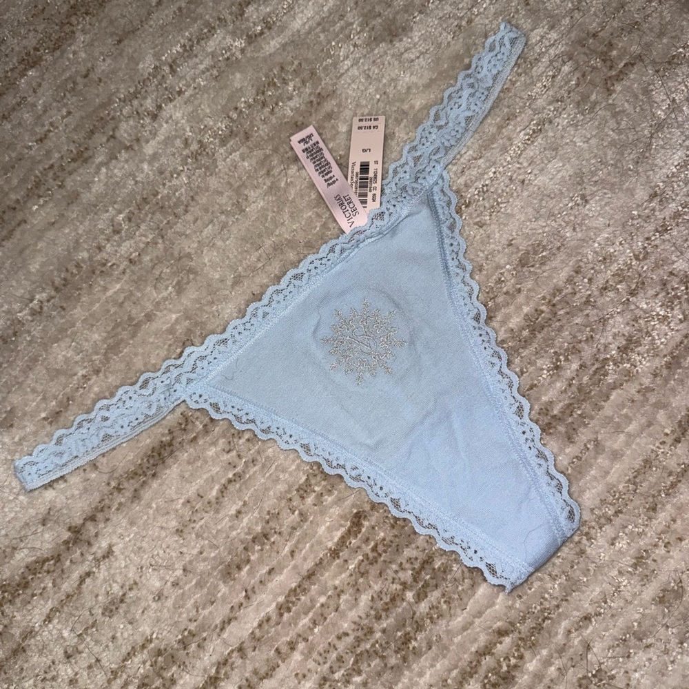 New Victoria’s Secret PINK Blue Snowflake Embroidered Lace Trim V-String Thong L
